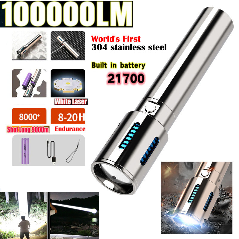 World's First High-grade Stainless Steel 100000Lumens White Laser Tactical Flashlight With 21700 Li-ion Battery 8-20 Hours High Endurance 9000M Long shot Waterproof