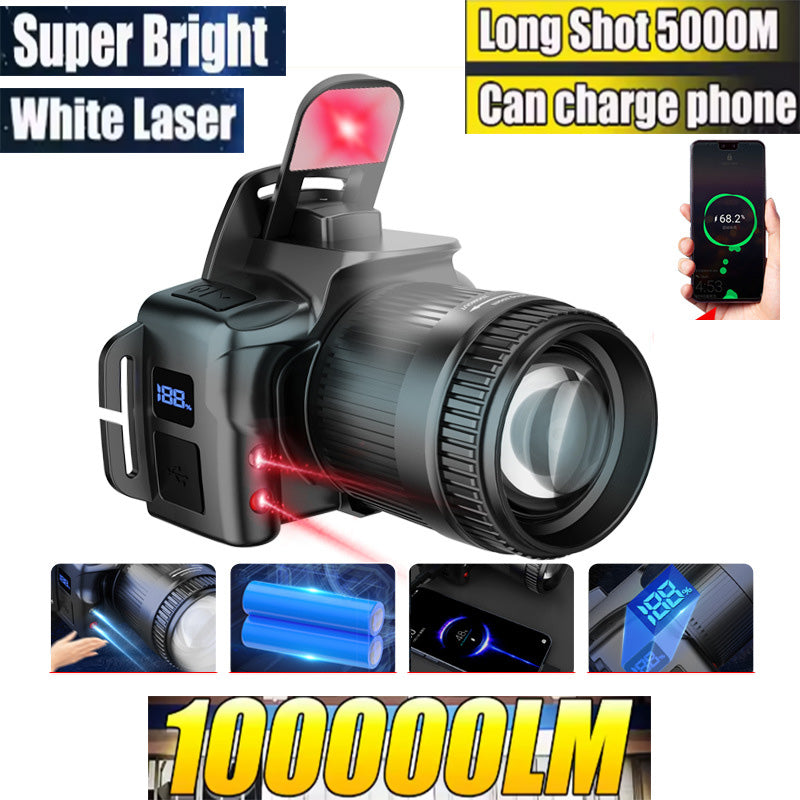 White Laser 100000 lumens Sensor Zoom Headlamp Digital Display Phone Rechargeable Headlamps