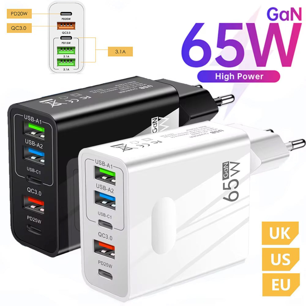 New PD65W Fast Charging Mobile Phone Charger with 3USB and 2PD Type-c 5-hole Charger US/EU/UK Plug