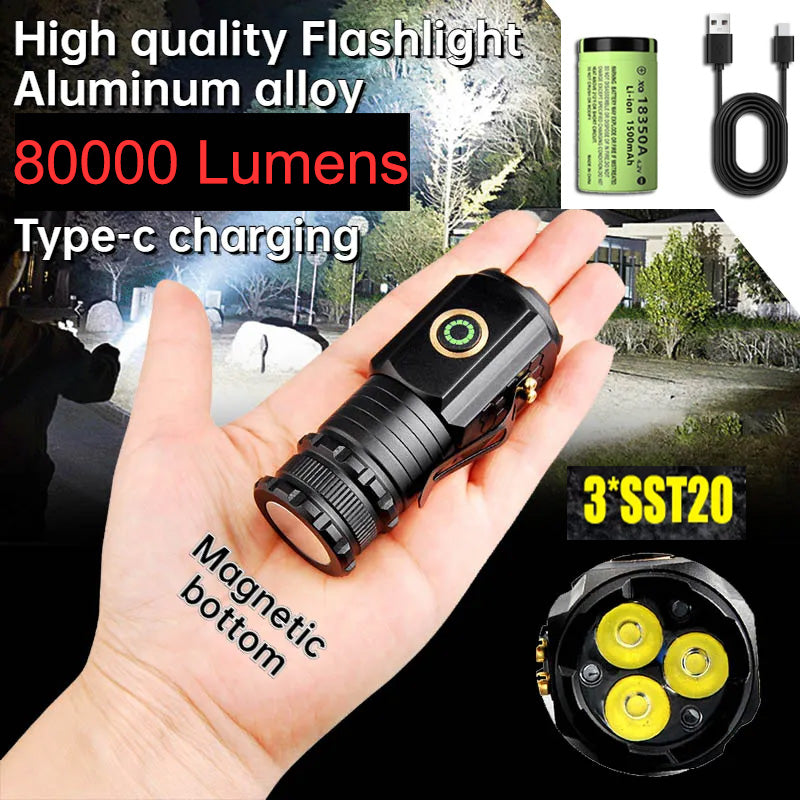 Mini 80000Lumen 3 Nuclear Anti-explosion Steelhead Flashlight Clip-on Headlamp Powerful Rechargeable 18350 Battery SST20 Light with Tail Magnet Flashlight