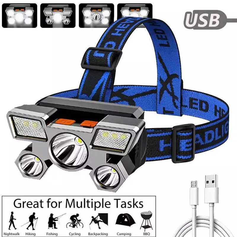 300Watts Powerful 5-head LED Headlamp Built-in Rechargeable Batteries Camping Headlights Hunting Torch Hiking Front Lanterns