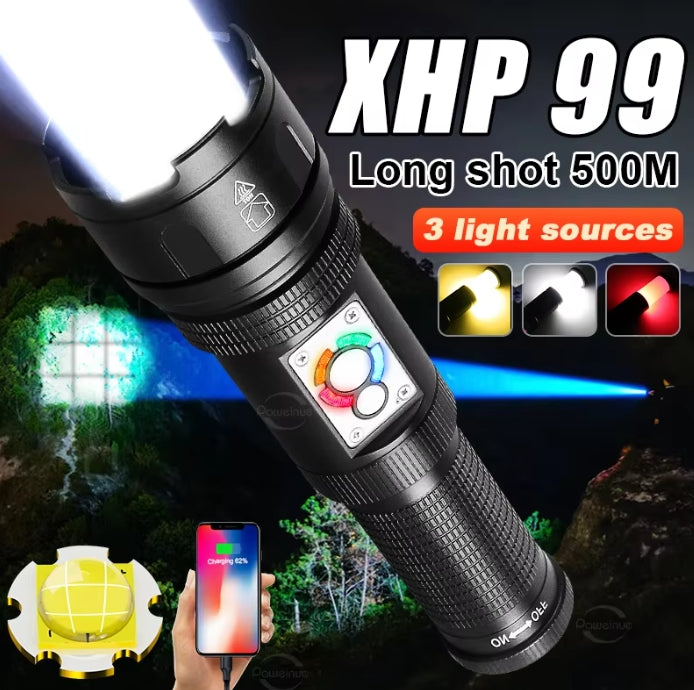 100000 Lumens 2 Light Source XHP99 White Laser Zoom LED Flashlight with Rechargeable Battery Long Distance Super Bright Waterproof With 360 Side Light