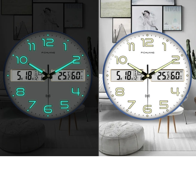 14 inch Light luxury Auto Timing Luminous Creative Wall Clock Temperature Humidity Date Time Display Wall Clock