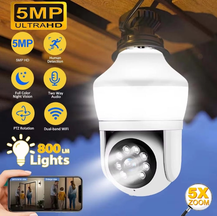 Newest 1080P 2 in 1 E27 Light Bulb Smart Camera 5X Zoom Wifi Surveillance With LED Bulb CCTV PTZ AI Tracking Two-way Audio Night Vision Wireless Cam