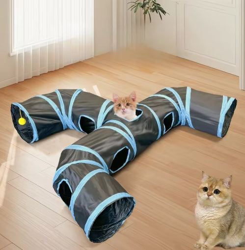 Blue Three Ways Pet Play Tunnel Cubes Foldable Drill Barrel Bending Cat Kitty Indoor Tent Kitty Training Interactive Fun Toy