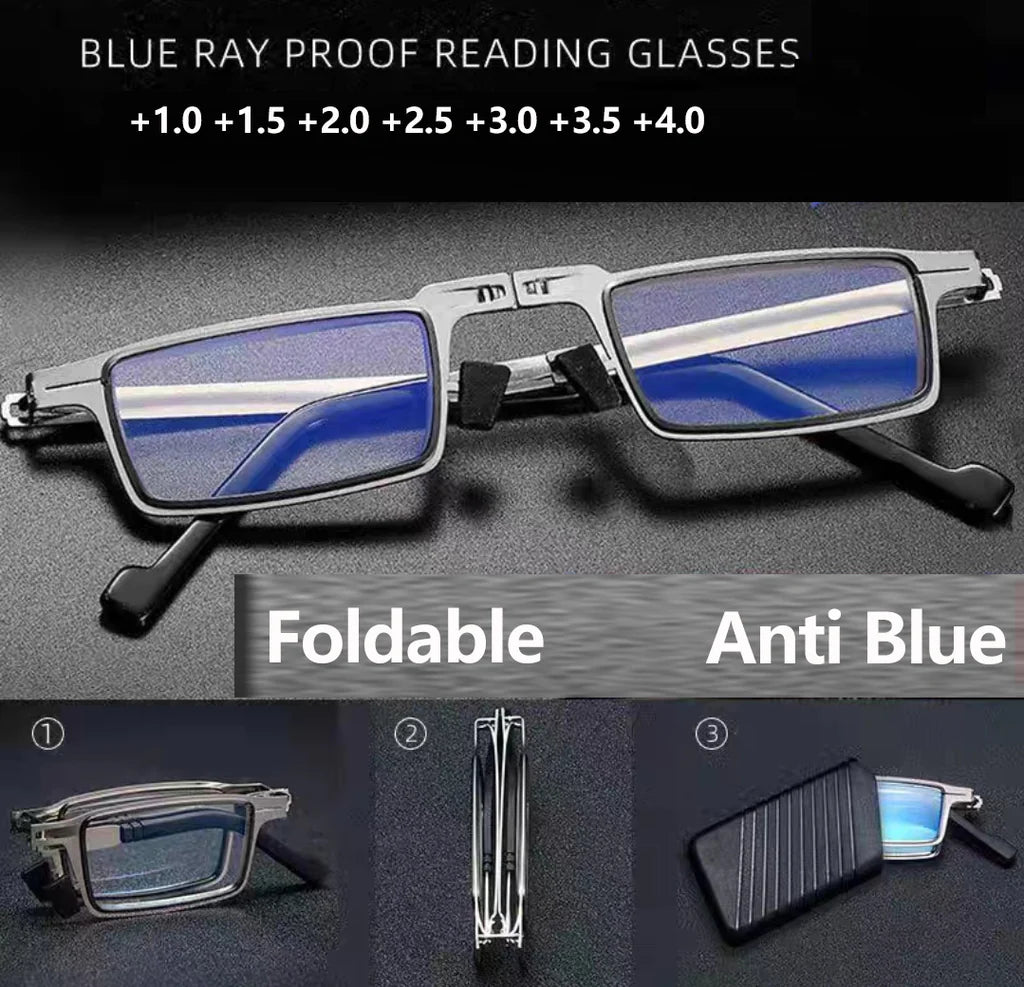 Steel Metal HD Anti-blue Light  Folding Reading Glasses Portable Fashionable Men's And Women's Reading Glasses Set