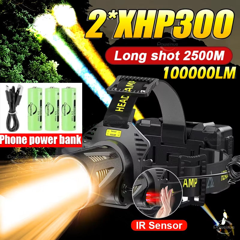 2*XHP300 White+Yellow Light Super Bright Motion Sensor Headlamp with 3Pcs Rechargeable Battery Head Flashlight High Power Long Range 100000LM