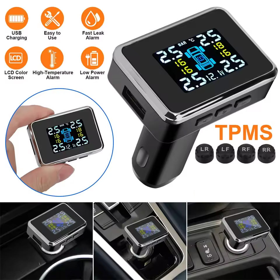 Car TPMS LCD Digital Display Tire Pressure Alarm System Auto Security Alarm Cigarette Lighter Wireless Sensors