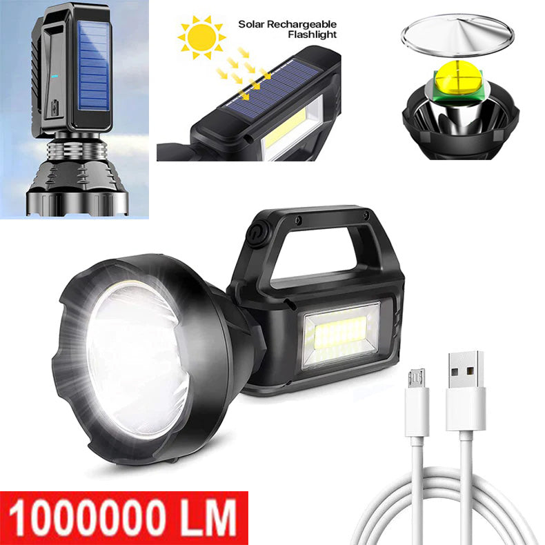 100000LM  Solar Dual Light Source Portable Light Searchlight Large Beam Flashlight Built-in Battery USB Rechargeable P50 Waterproof LED Torch with COB Side Light