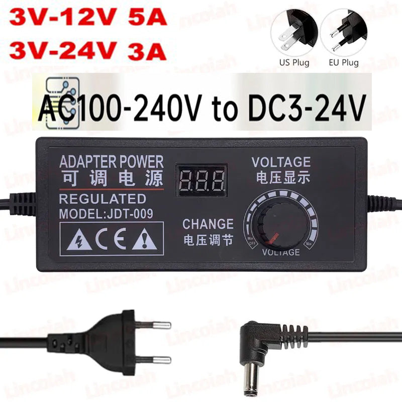 AC/DC Adjustable Power Adapter 9-24V 3A 9-72W Regulated Power Supply w/ LED Display for DC Motor Pumps/Speed Control/Light Dimmer/Power Drills/Beauty Machin - US Plug/EU Plug