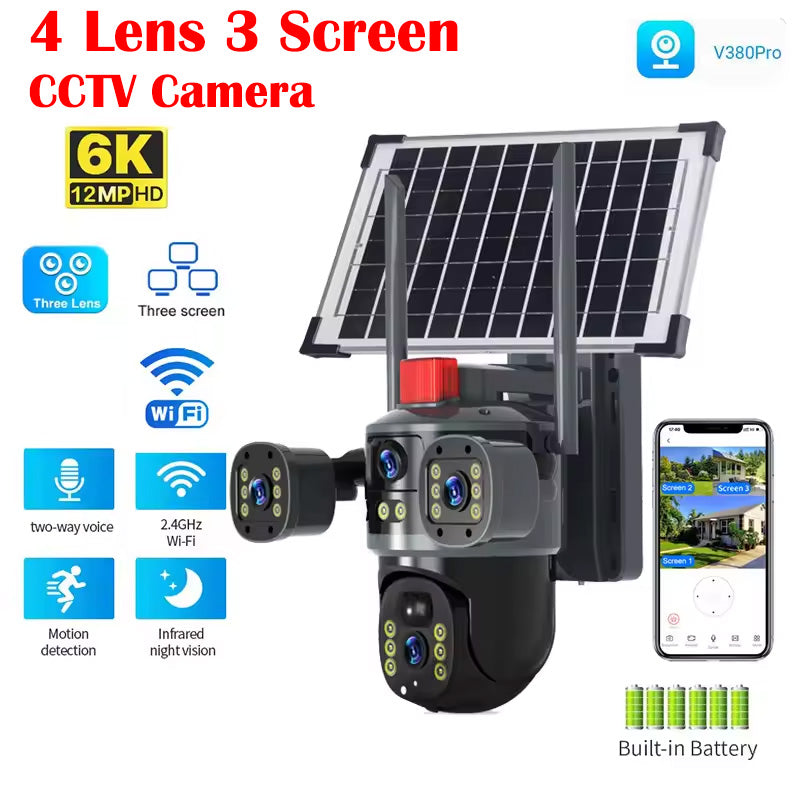 Solar 12MP 4 Lens 3 Screen CCTV Camera WIFI Wireless Solar Panel Powered Camera Solar PTZ Camera Outdoor V380Pro