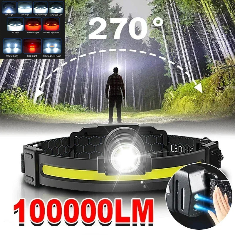 100000LM 7 Modes XPE+COB Sensor 270° Wide Angle Headlight Dual Light Head Torch High Power LED Headlamp