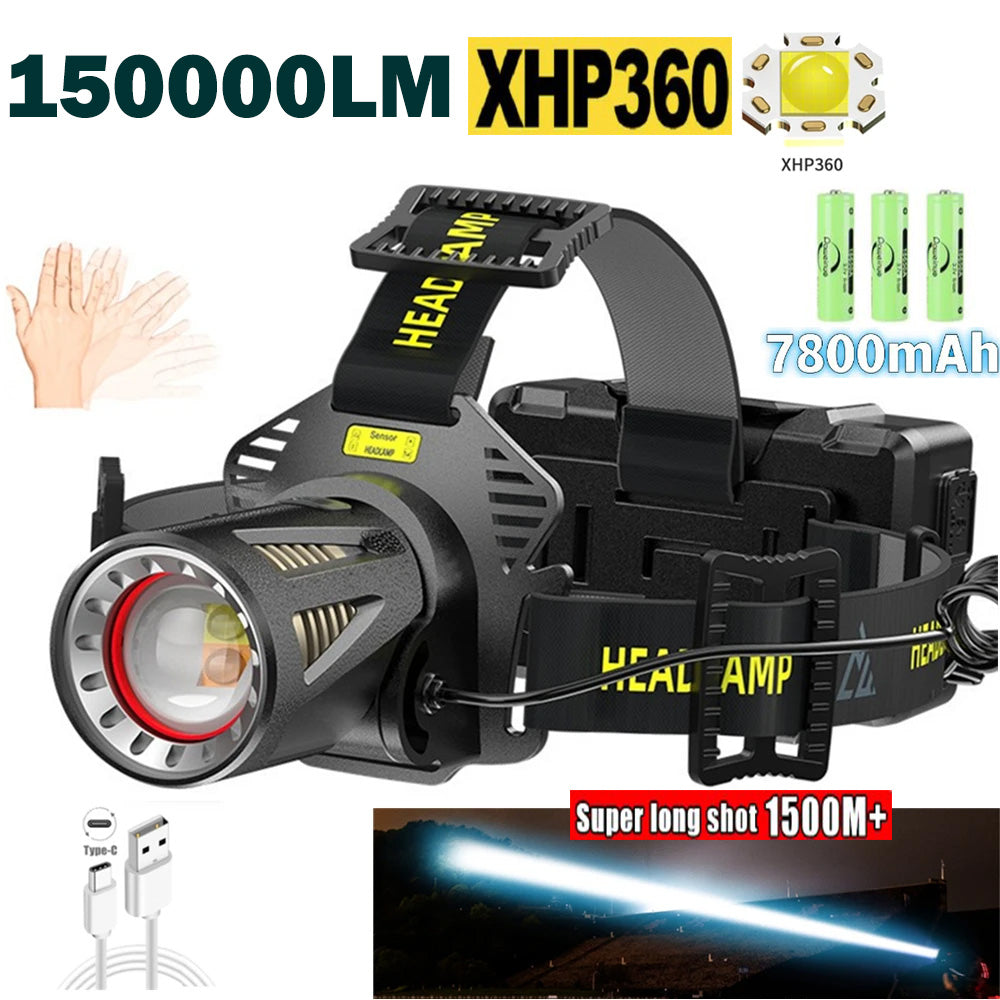 Newest 150000lumens XHP360/White Laser Sensor Headlamp with 3Pcs Rechargeable Battery Long Range Zoom Alloy Headlamp Camping Hiking Emergency Power Bank