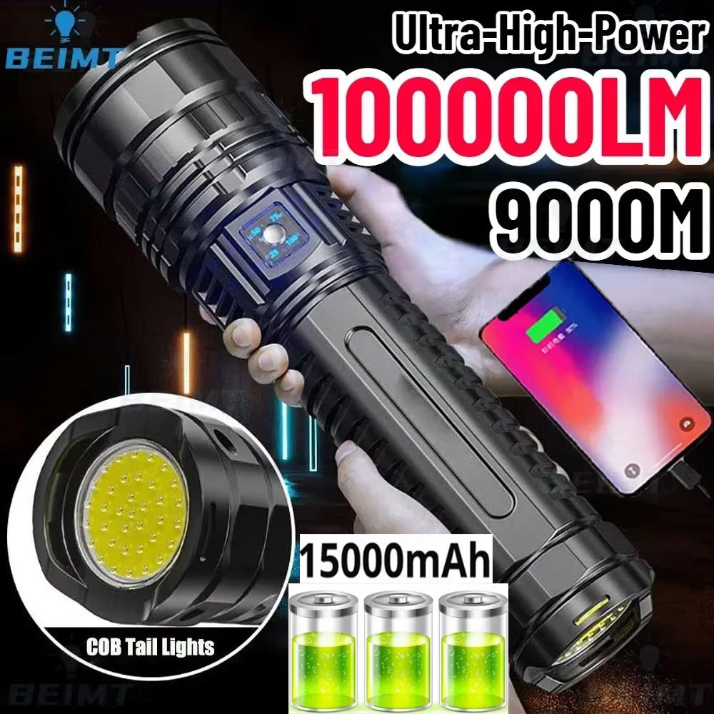 Built-in 15000mAh Battery Ultra Long Life 100000Lumens Ultra Bright LED Flashlight With Tail Light Powerful Tactical Torch Emergency Camping Spotlights