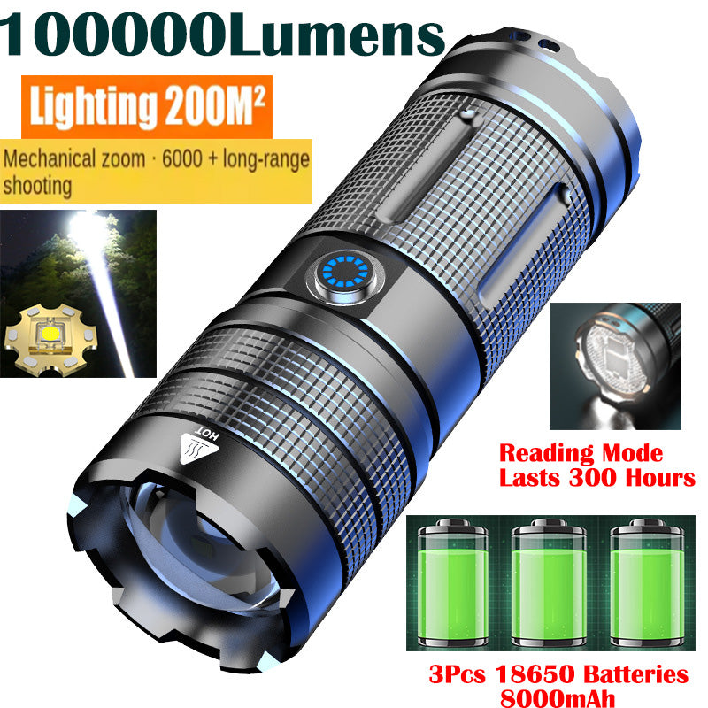 100000 Lumens Zoom Laser LED Alloy Flashlight with 3Pcs 8000mah 18650 Batteries 6000 meter Long Distance 200 Square Floodlight Cell Phone Charger with Tail light Reading Mode Lasts 300 Hours