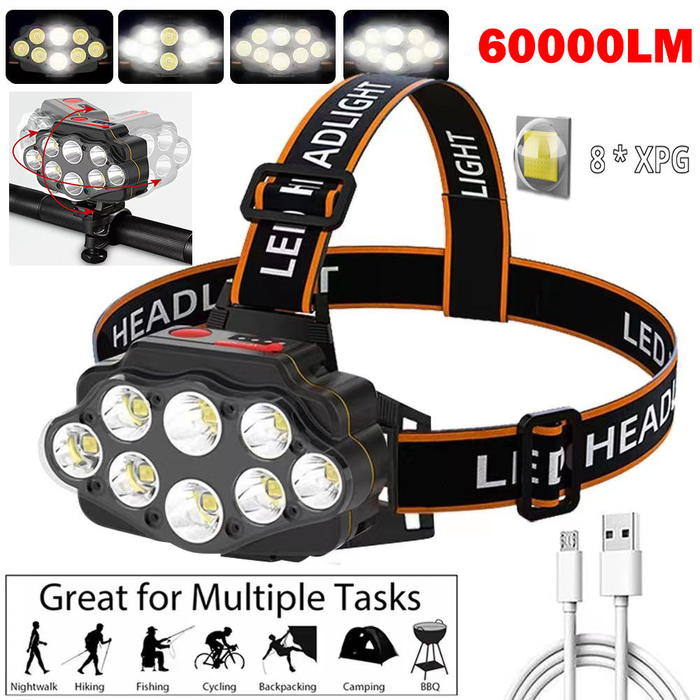 60000 Lumen 8-cell LED Headlamp or Bike Light IPX4 Waterproof Rechargeable Headlamp