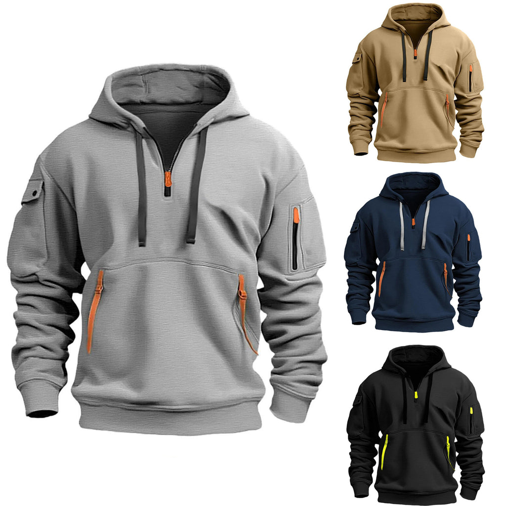 Autumn Winter Men's Long Sleeve Sweatshirt Leisure Sports Multi-zip Arm Pocket Hoodie Jumper Hoodie