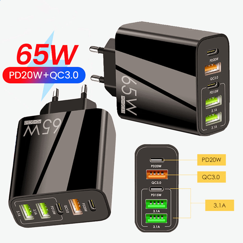 New PD65W Fast Charging Mobile Phone Charger with 3USB and 2PD Type-c 5-hole Charger US/EU/UK Plug