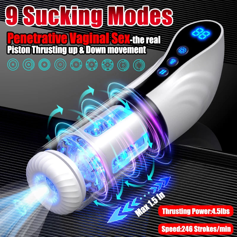 Transparent sucking rotation 9 times sucking thrust rotating masturbation cup with moaning function LCD screen male masturbator