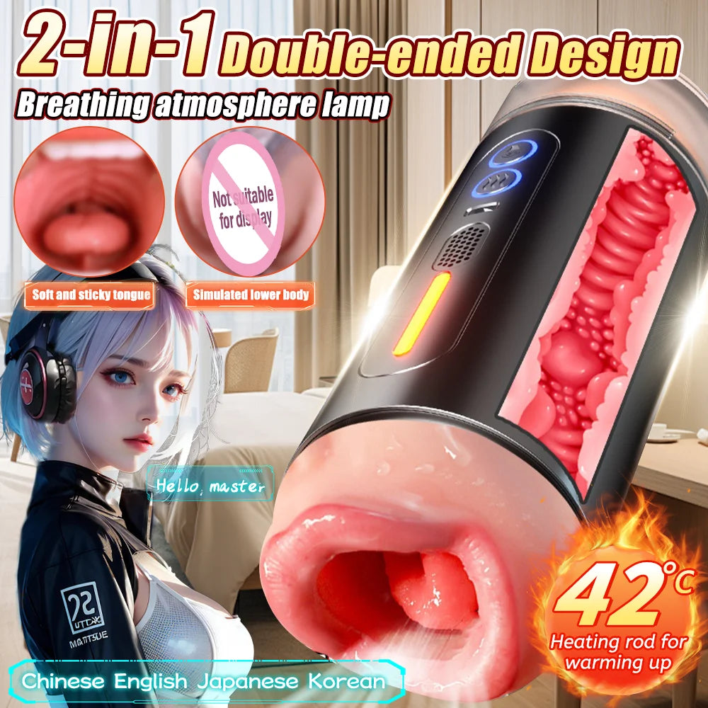 Double-Head Automatic Male Masturbator Blowjob Vaginal Penetration Intelligent Heating Sexy Voice Oral Sex Clamping Vibrator  Toy For Men