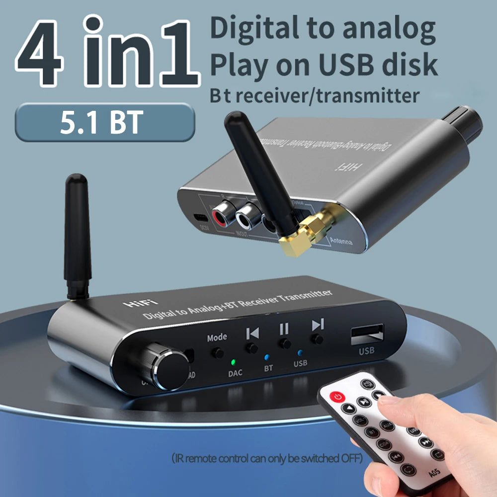 Bluetooth 5.1 Receiver Transmitter Audio Adapter U Disk Play Coxial/Optical to 3.5MM Aux RL DAC Converter Remote Control