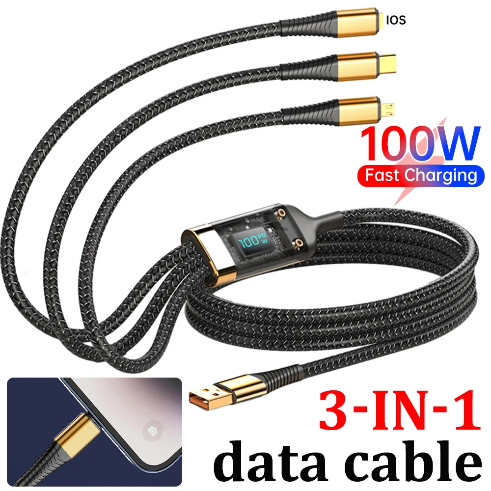 3 in 1 100W Digital Transparent Charging Cable Super Fast Charging 3 in 1 Data Cable Suitable For iPhone Android Huawei Xiaomi Phones