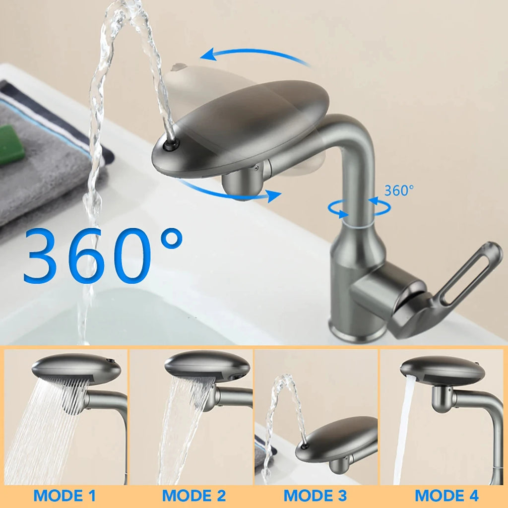 Multi Functional UFO Waterfall Basin Faucet 4 Modes Stream Sprayer 360° Rotation Hot Cold Water Sink Mixer Wash Tap For Bathroom