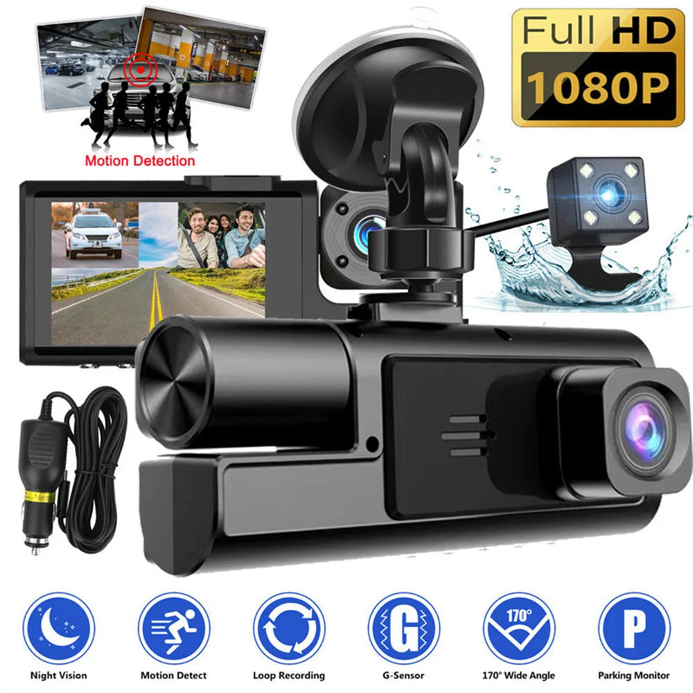 1080P Car Dash Cam 3 Cameras Front Cabin and Rear Driving Recorder DVR Cam with Loop Recording 24H Parking Monitoring G-Sensor