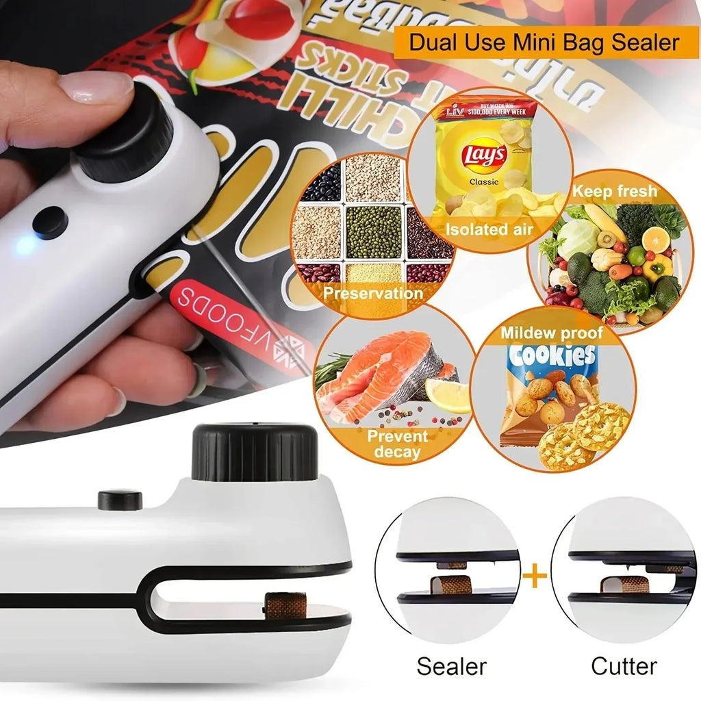 Newest 2 IN 1 Bag Sealer 3 Seconds Quickly Heat Seal Rechargeable Mini Heat Sealer Storage Bag Plastic Package Snack Sealer Clip