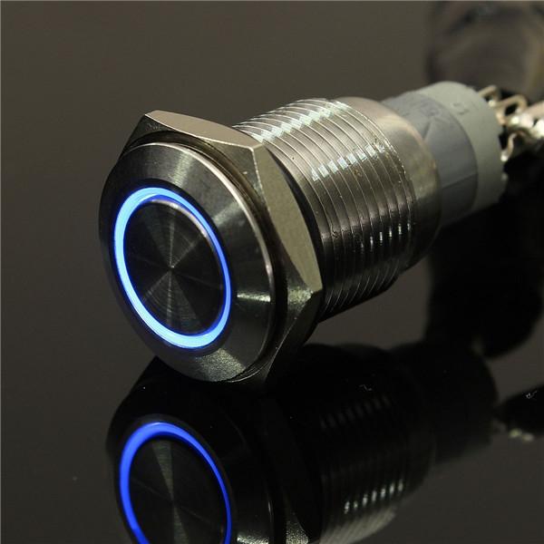 12V 16mm Angel Eye Metal Illuminated LED Push Button Switch Car Dash Blue Light