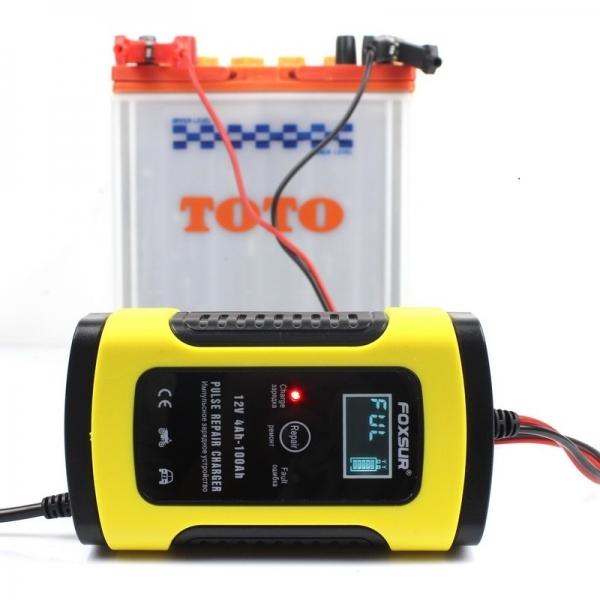 12V 5A Pulse Repair Charger Battery Charger LCD Sceen Motorcycle Lead Acid Battery Yellow - UK Plug