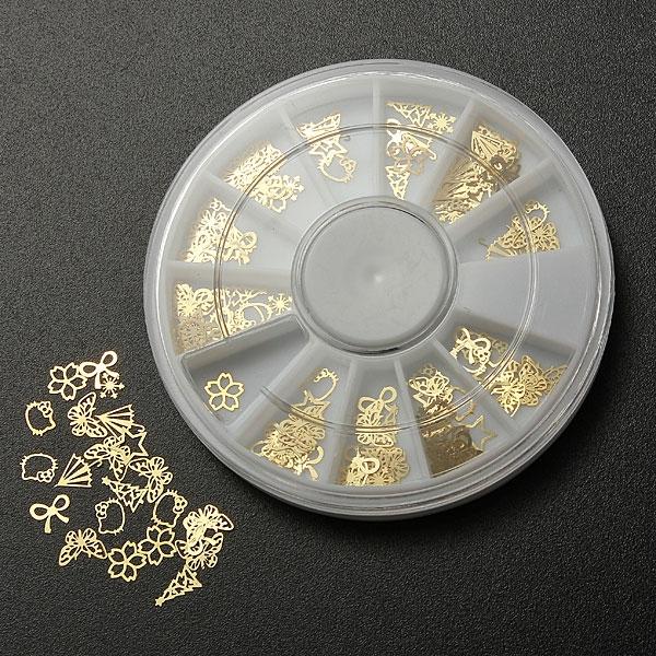 240pcs 12 Styles Hollow-out Sheet Metal Gold Plating DIY Nail Stickers Kit Golden