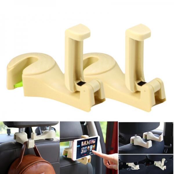 2PCs 2-in-1 Multi-Function Universal Car Hooks Car Seat Back Hooks with Phone Holder for Bag Handbag Purse Grocery Cloth - Beige