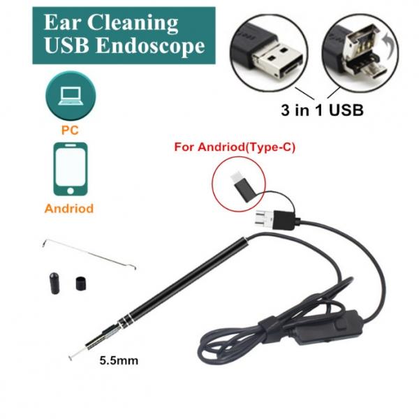 3 in 1 Ear Cleaning USB Borescope 5.5mm Visual Ear Spoon Earpick Otoscope - 1 Million Pixels