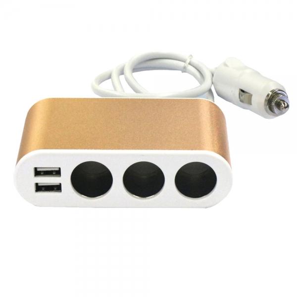 3-Slot Dual USB Car Cigarette Lighter Charger 12-24V Golden