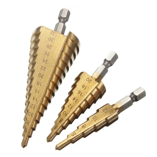 3pcs Hex Shank Titanium Coated HSS Step Drill Bit Set Metric 4-12/4-20/4-32mm