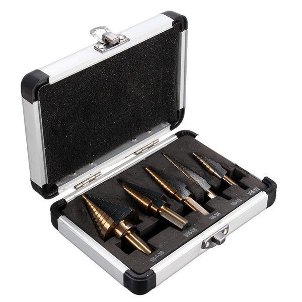 5pcs Triangle Shank Imperial Pagoda Step HSS Drill Set with Aluminum Alloy Storage Case