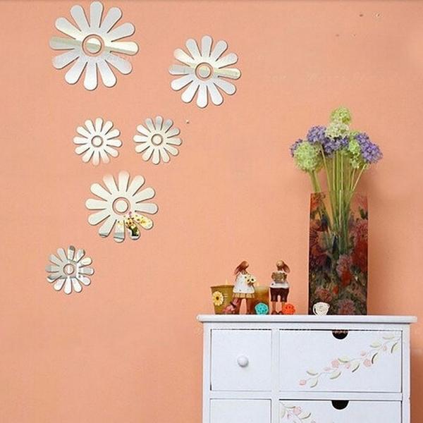 6pcs Sweet Little Flowers Style Acrylic Mirror Wall Sticker Silver