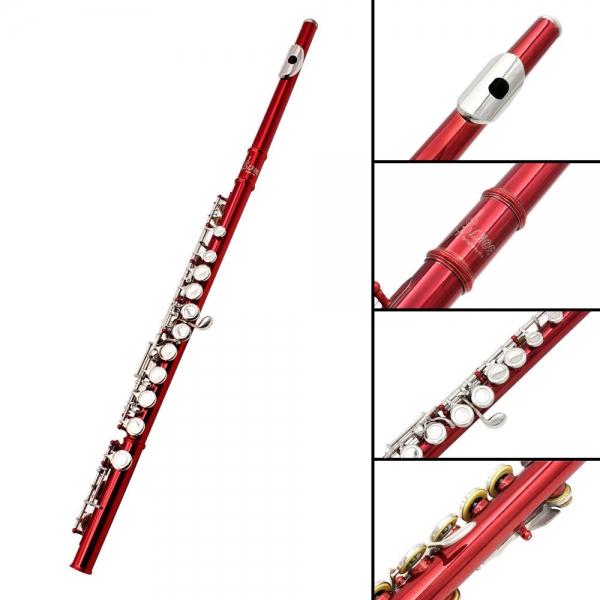 Brass Flute 16 Holes C Key Flute Kit for Student Beginner School Band Red