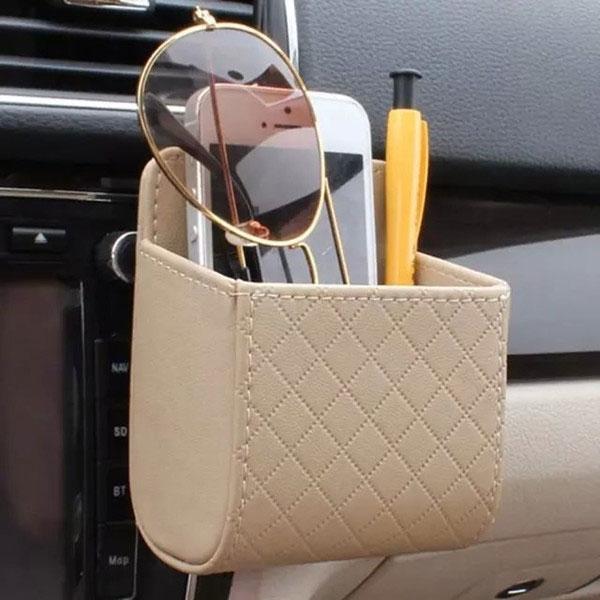 Car Accessories Air PU Box Organizer Phone Pocket Pouch Vehicle Bag Holder Beige