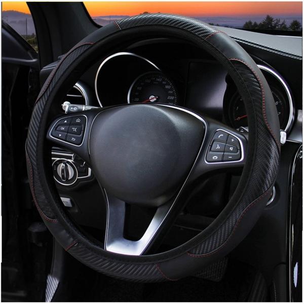 Car Steering Wheel Cover Breathable Anti Slip No Inner Ring Elastic Carbon Fiber Dynamic Suitable 37-38cm - Black