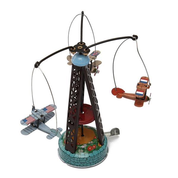 Classic Wind Up Rotating Airplane Carousel Clockwork Tin Toy