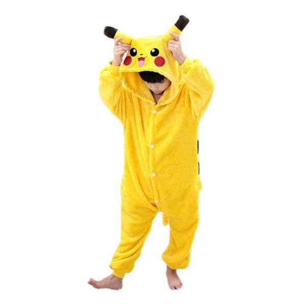 Kids Flannel Laughing Pikachu Pattern Cute Cartoon Sleepwear Jumpsuits 95-105cm