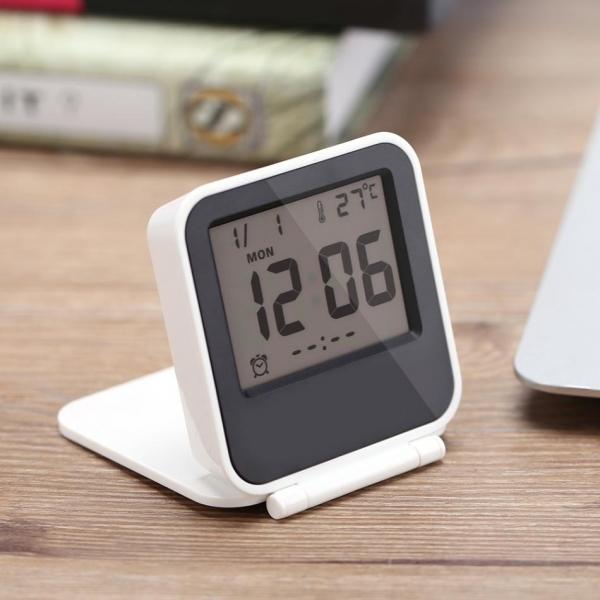 Portable Folding Mini Pocket Temperature Clock Foldable LCD Digital Travel Desk Alarm Clock Snooze  Thermometer - White