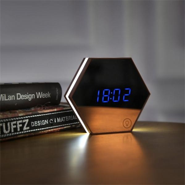 Small Digital Alarm Clock Creative Hexagonal Rechargeable LED Makeup Mirror Surface LED Night Light with Voice Control and Sound Sensitive - Champagne Gold