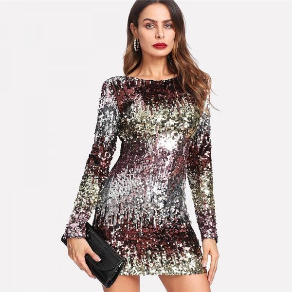 Iridescent Sequin Dress Round Neck Long Sleeve Sexy Party Dress With Zipper (XS-L) - stringsmall