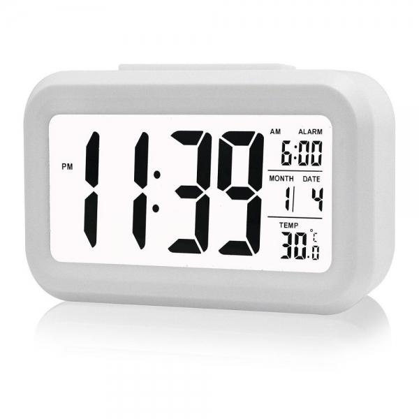 LED Digital LCD Alarm Clock Time Calendar Thermometer Snooze Backlight - White