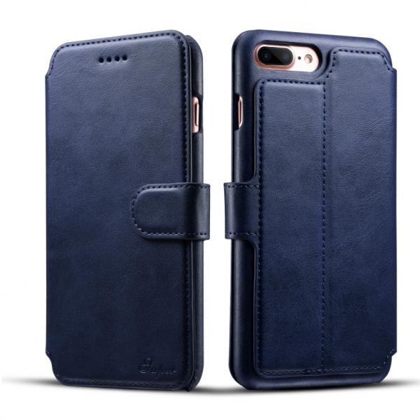 Leather Flip Wallet Cover Back Case w/ Card Cases for iPhone 8/7 Plus Blue