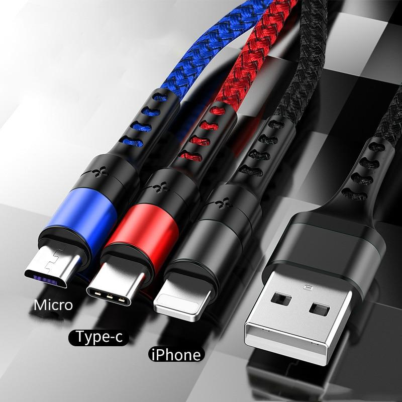 5A/3A 3 in 1 USB Cable for iPhone Charger Fast Charging Micro USB Type C Cable for Samsung  Xiaomi Huawei Pin Lightning Cord