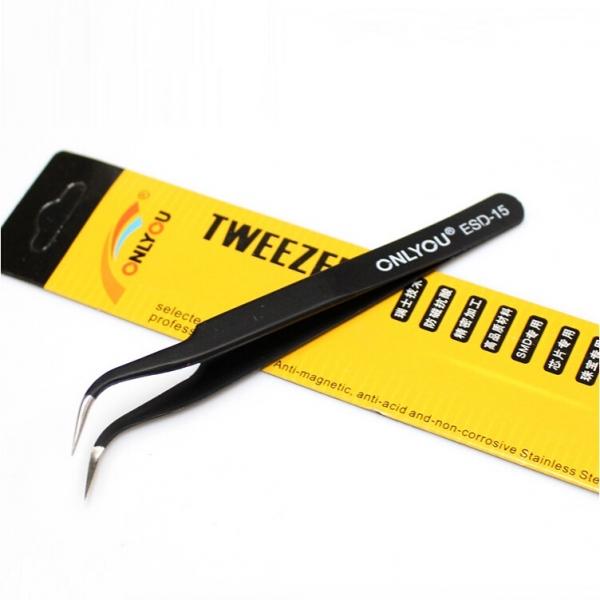 ONLYOU ESD-15 Antistatic Stainless Steel Tweezers Curved Fine Tip 12cm